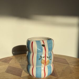 Ceramic Tumbler with straw - Blue floral stripe