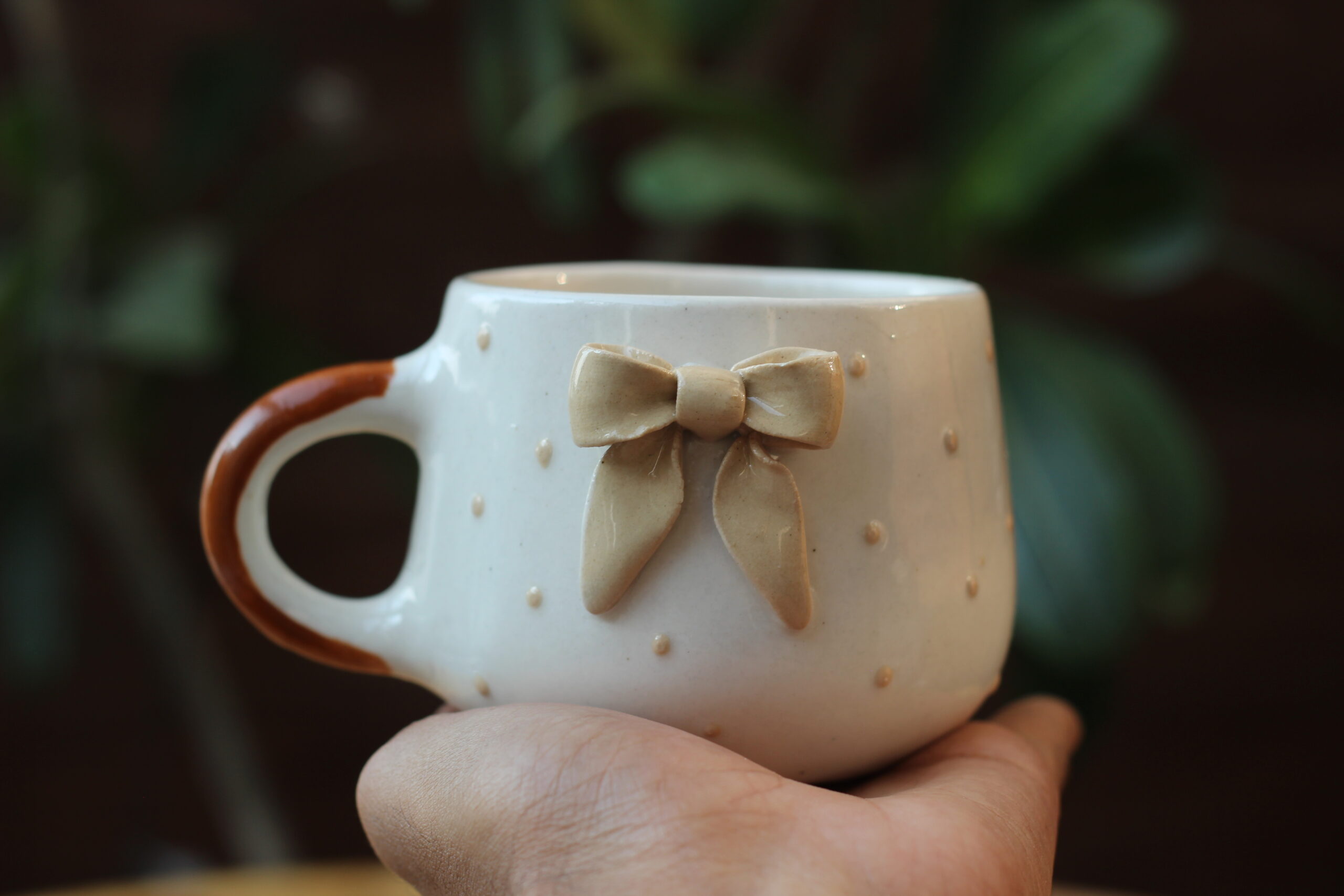 Saltstir Cute Beige Bow Ceramic Mug - 3D Sculpted Handmade - Image 4