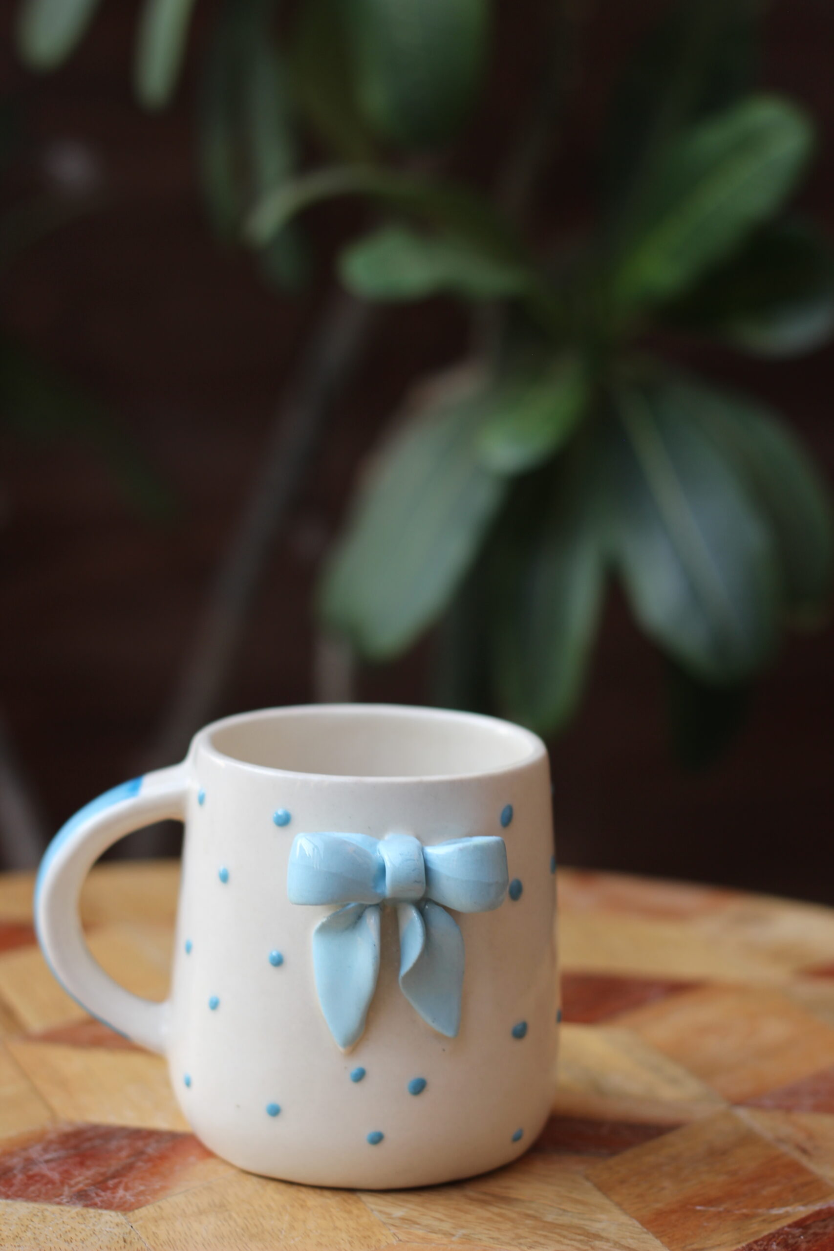 Saltstir Cute Blue Bow Ceramic Mug - 3D Sculpted Handmade - Image 3