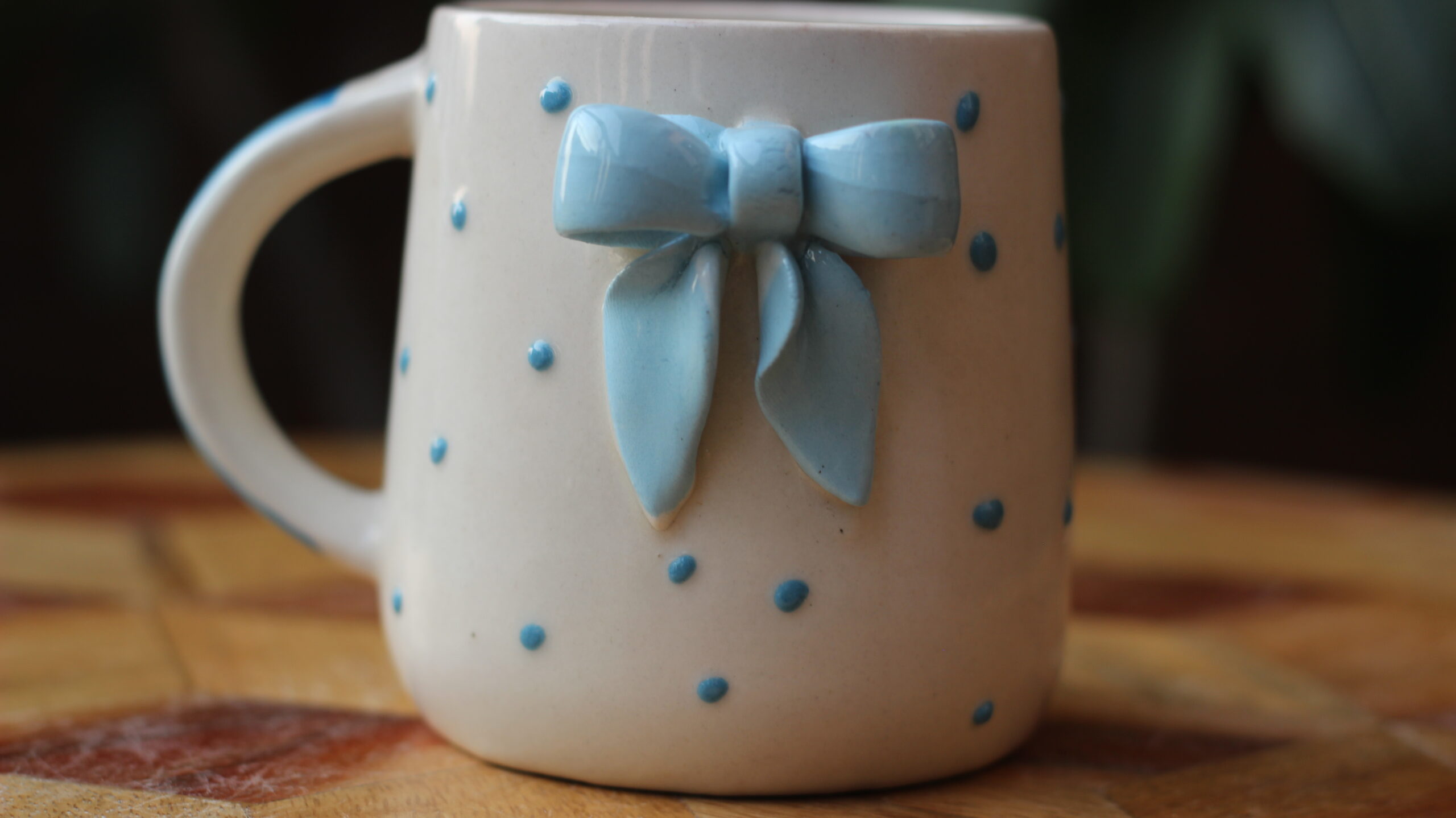Saltstir Cute Blue Bow Ceramic Mug - 3D Sculpted Handmade - Image 4