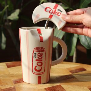 Retro Diet Coke Ceramic Sipper with lid and Stainless Steel Straw | 400ml Aesthetic Iced Coffee Tumbler with lid and straw